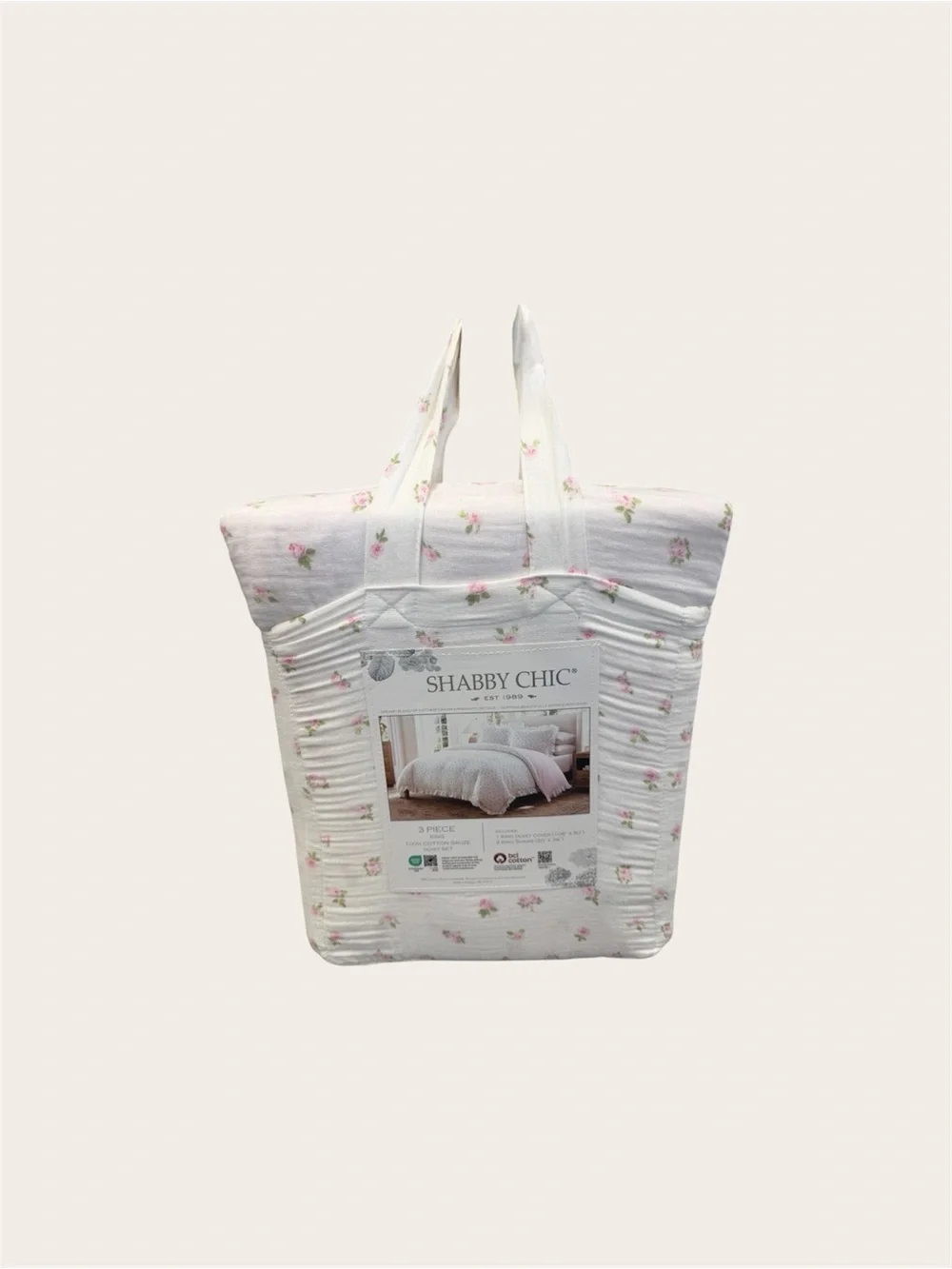 Shabby Chic Pink 3 PC King Gauze Duvet Set Pink Rose with Ruffles ~ Matching Bag - Picture 9 of 16